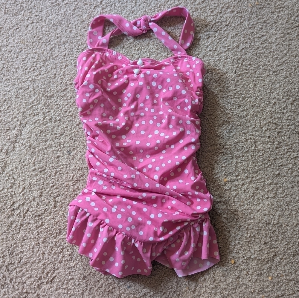 Janie & Jack Pink & White Polkadot Halter With Ruffle Swimsuit Size 4